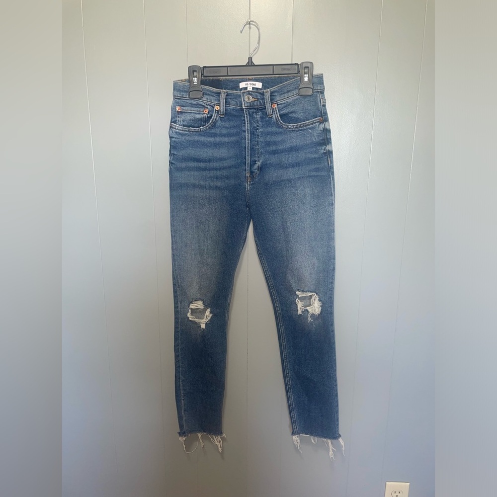 Re/Done 90s High Rise Ankle Crop Distressed Knees Blue Jeans Size 28